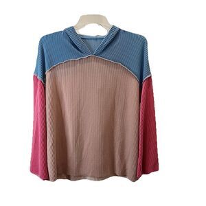 A Tisket A Tasket Color Block Pullover Pink Blue Textured Ribbed Knit Hooded L
